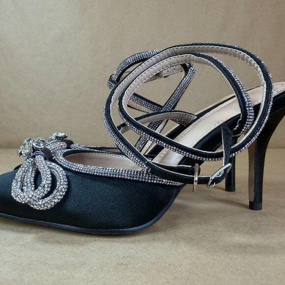 Hayixia Black Satin Rhinestone Bow Pointed Toe Ankle Strap Kitten Heels Sz. 7.5 - Picture 10 of 15